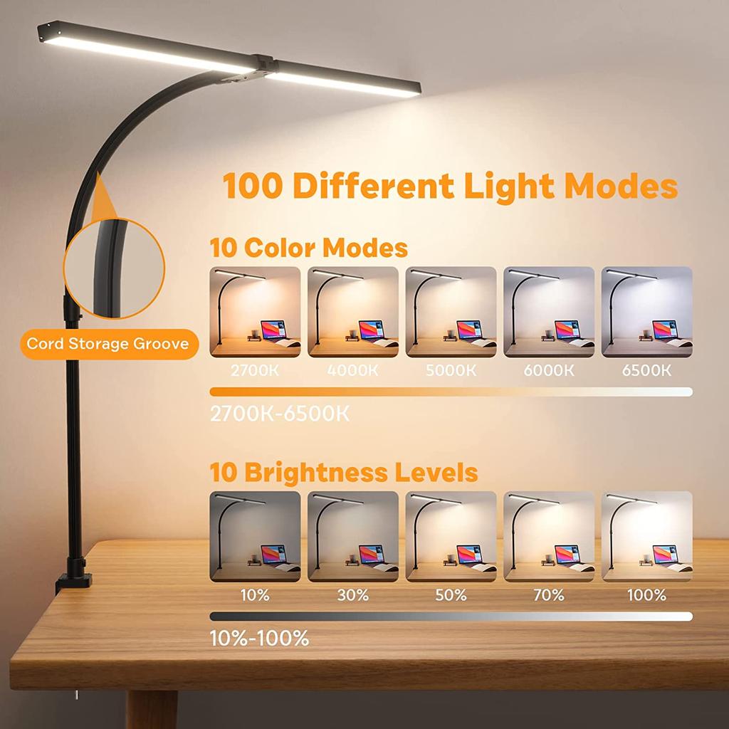 Modern Gooseneck Double LED Desk Lamp Stepless Knob Adjustment High Lumen Wide Head Architect Working Office Metal Shade AC