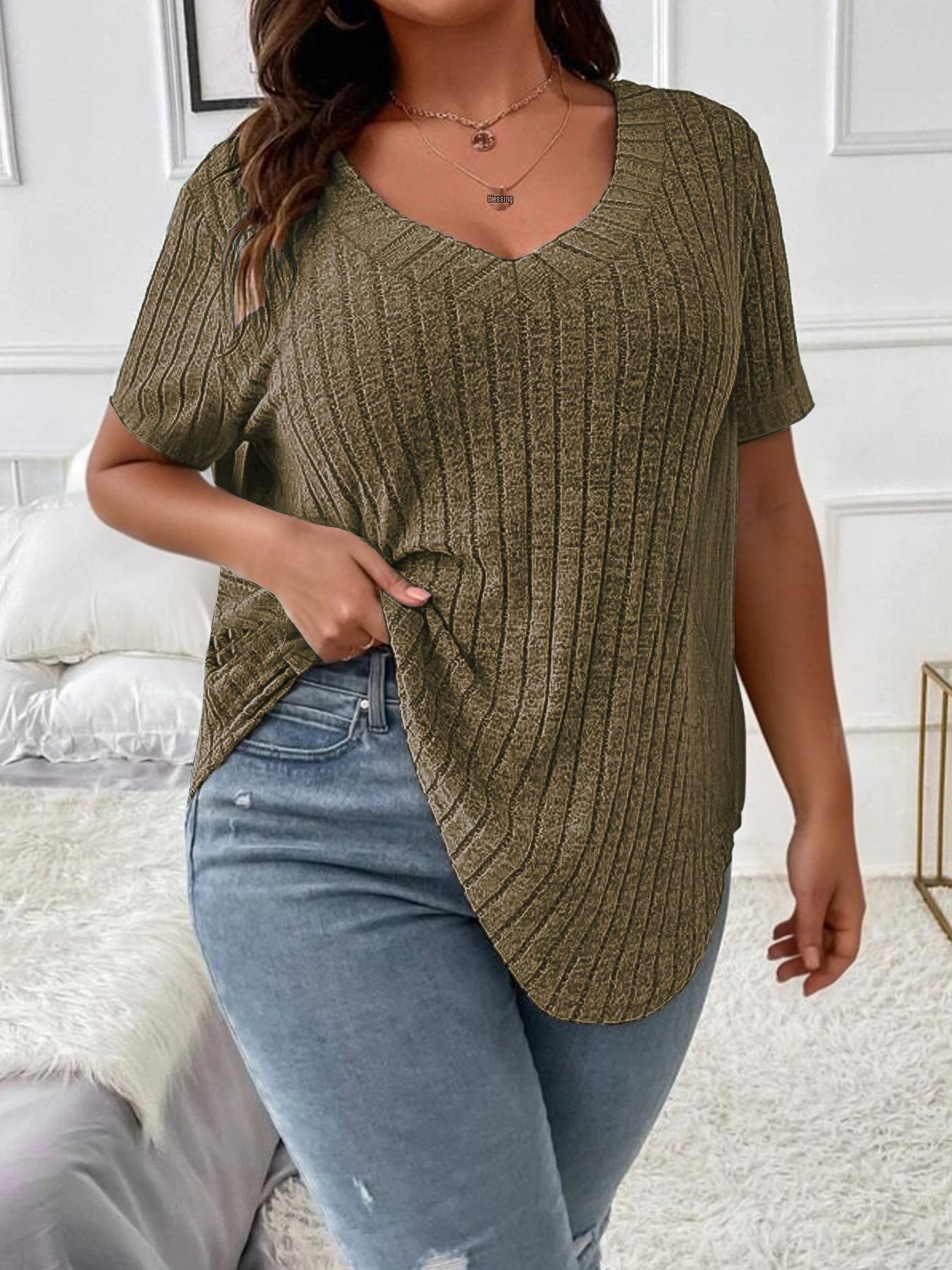 

2025 Spring/Summer Women s V-Neck Loose Ribbed Brushed T-shirt 3XL армия зеленый