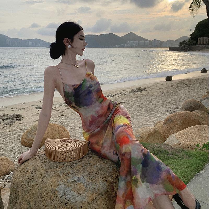Real Shot Seaside Retro Monet Oil Painting Color Suspender Dress Women's Summer Small Slim Dress