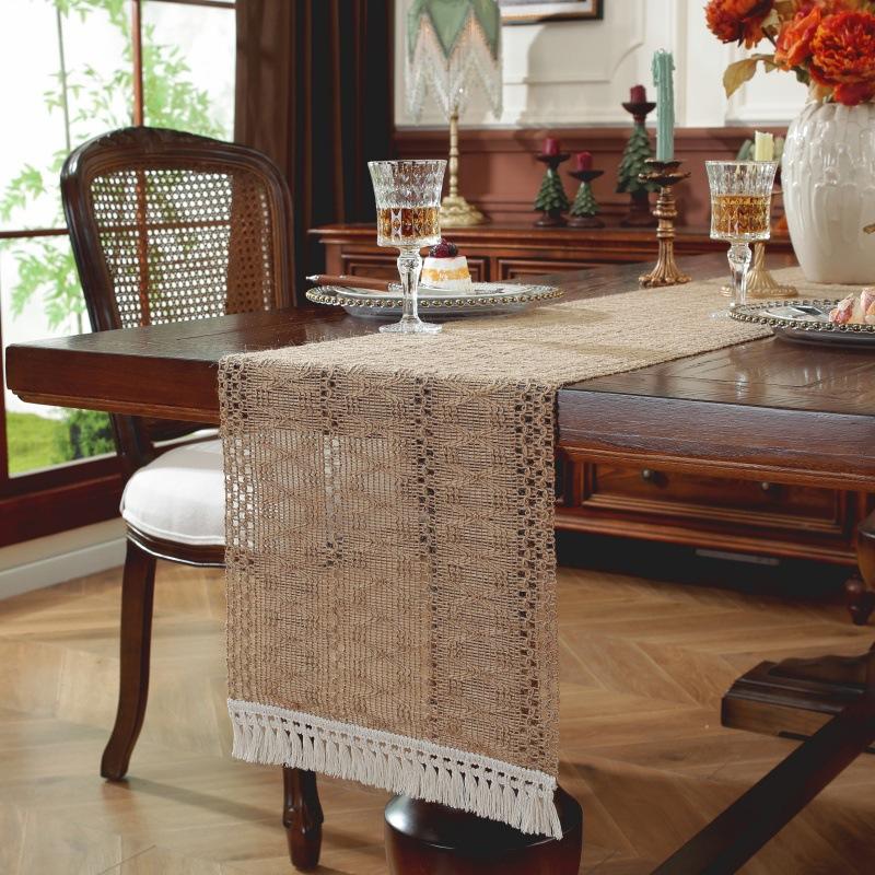 Boho Farmhouse Linen Table Runner–Rustic Macrame with Tassels,Burlap&Cotton Blend for Baby Shower Home Decor and Holiday Events