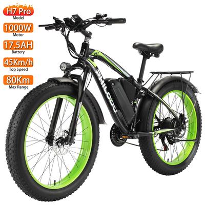 Electric Bicycle Philodo 26" 1000W Motor All Terrain Ebike 48V 17.5AH 21 Speed Adult Fat Tire Electric Bicycle Green H7 Pro
