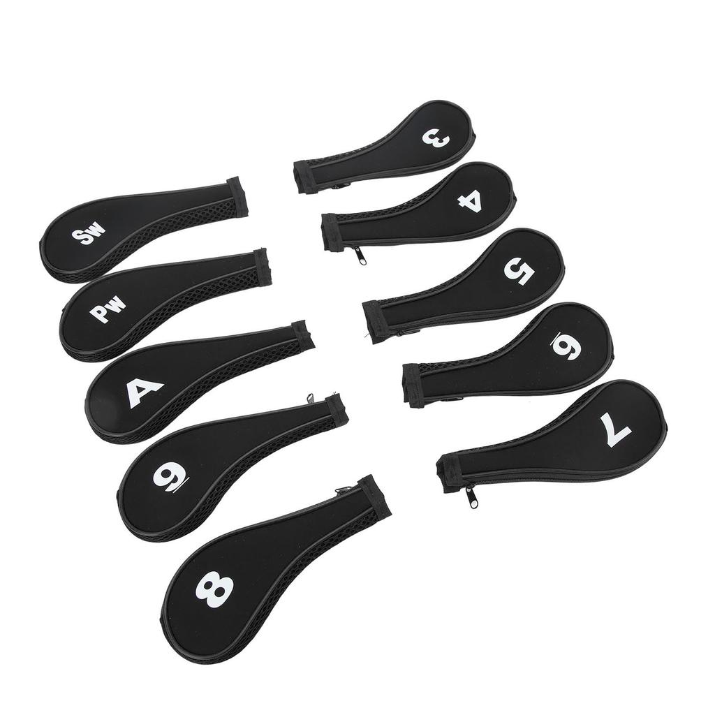 10 PCS Golf Club Head Covers Golf Iron Pole Zipper Hat Cover Club Protective Covers Black