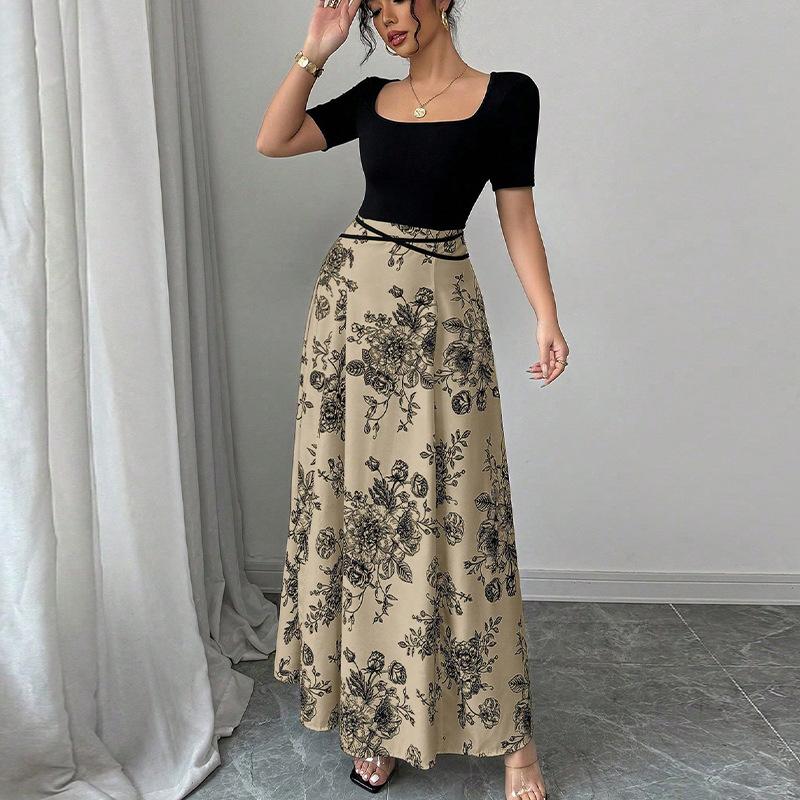 Holiday Beach Sling Dress for Women in Summer Slim Contrasting Color Short-sleeved Long Dress