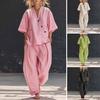 Damen 2-teiliges Outfit: Lässiges Kurzarm-Top mit Knopfleiste und V-Ausschnitt sowie lange Hose mit Taschen, Loungewear-Set für den Sommer, locker geschnitten