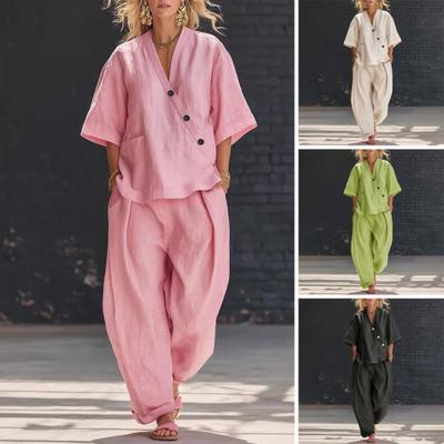 Women 2 Piece Outfits Casual Button Short Sleeve V Neck Top And Long Pants Lounge Set with Pockets Summer Loose Matching Sets