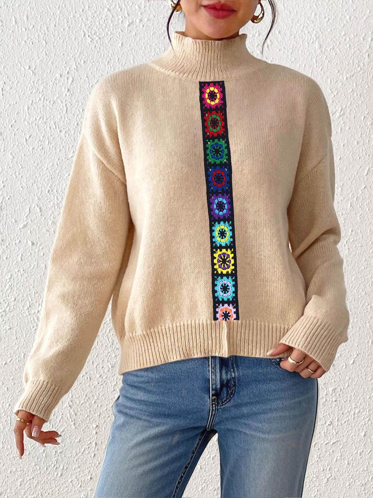 Women's Personalized Imitation Hand-crochet Splicing Machine-woven Top Half Turtleneck Pullover Sweater for Women