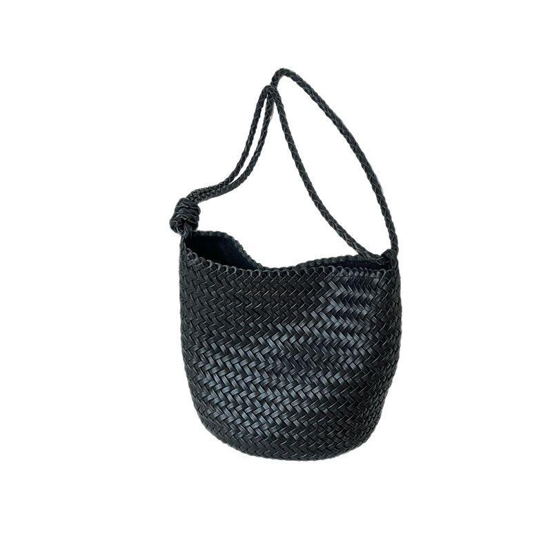 First Layer Cowhide Hand Woven Bag, New Light Retro Vacation Style Single Shoulder Bucket Bag, Women's Genuine Leather Crossbody Bag