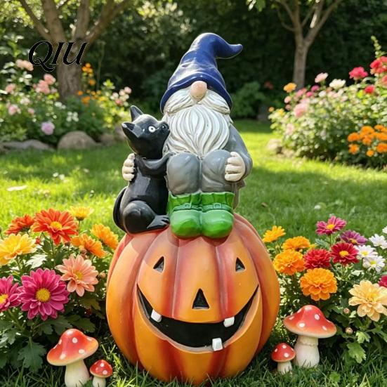 Holiday Gift for Her Halloween Gnome Outdoor Garden Statue, Resin On Pumpkin Figurine with Ornaments Black Cat, Fall Autumn Dwarf Sculpture Porch Yard