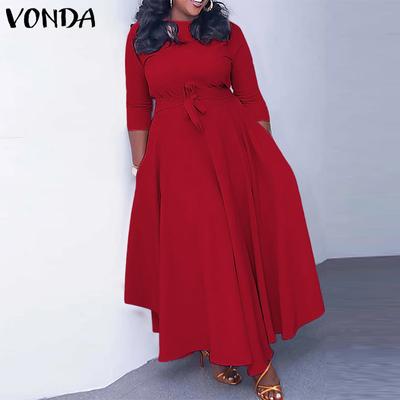 Women Autumn Loose Long Sleeve Round Neck Solid Color Dresses