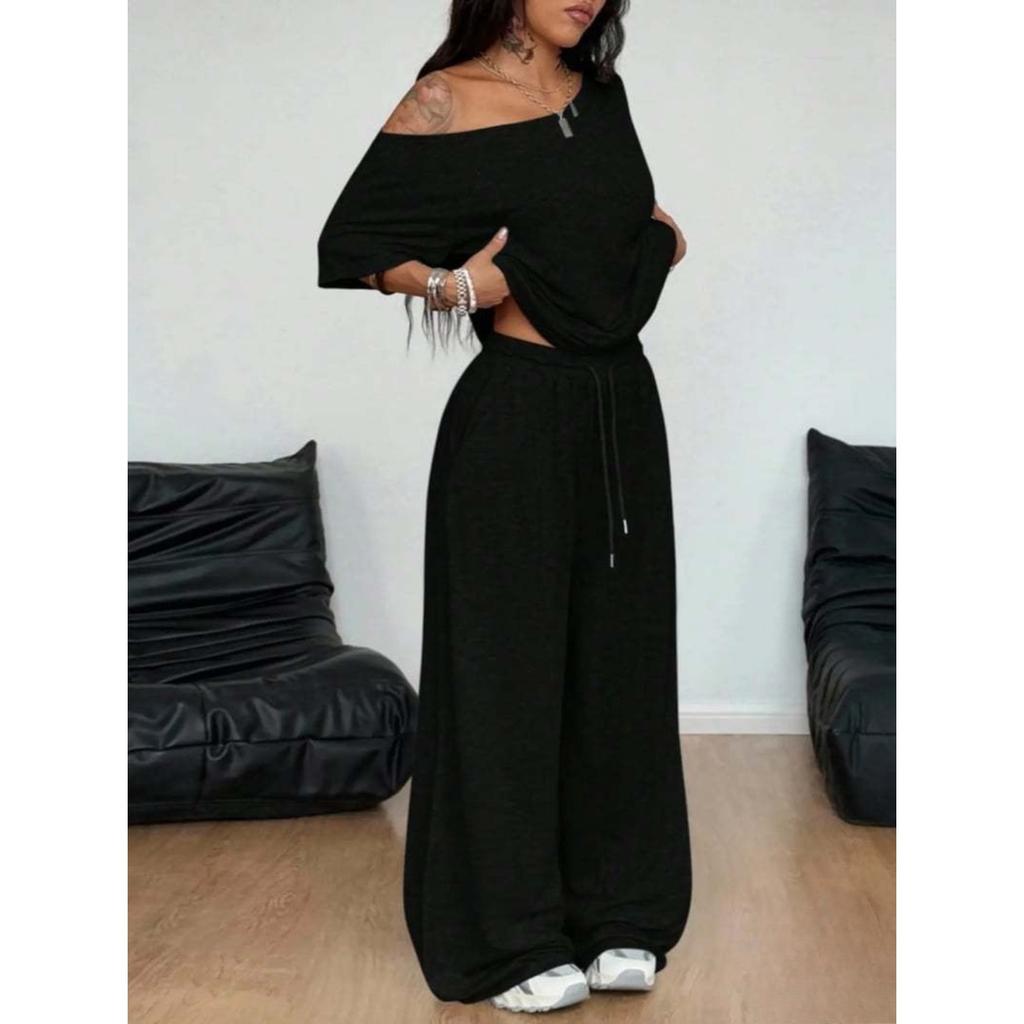 Women's Drop Shoulder Short Sleeve T-Shirts Loose Fit Wide Leg Pants Sets Casual Two Piece Outfits