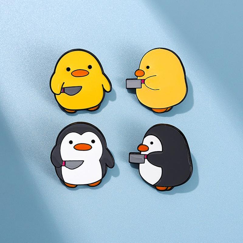 Cutie Killer Enamel Pins Chick Little Penguin Dagger Knife Brooches Lapel Badges Cartoon Fun Animal Jewelry Gift For Kids Friend