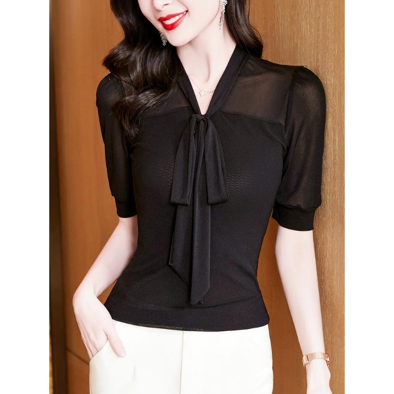 

V-образный вырез Темперамент Универсальный однотонный сетчатый топ со шнуровкой и бантом с короткими рукавами Летняя милая базовая рубашка для женщин XXXL