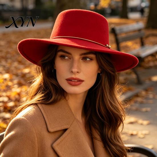 Classic Wide Brim Hat Retro Flat Top Hat, Wool Felt Pork Pie Bowler with Travel Vacation Fashion Metal Ring, Trilby for Women Men Autumn Winter Casual