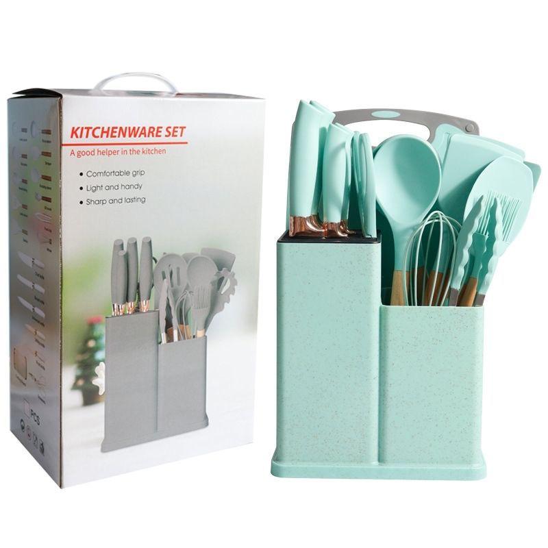 

Набор из 19 кухонных ножей из силикона с держателем: Поварской нож, ложка, лопатка и столовые приборы для дома.