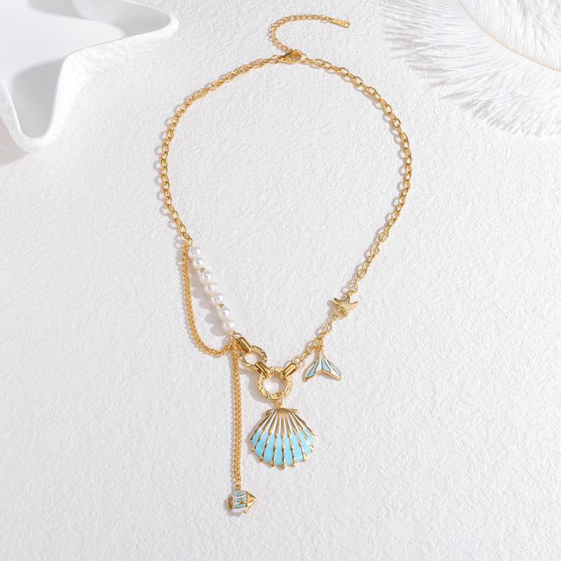 Bohemian Stainless Steel 18k Gold Shell Ocean Series Long Necklace, Fashionable and Versatile Titanium Steel Design