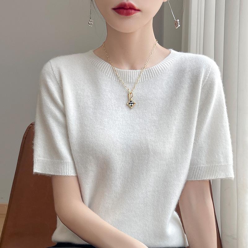 Women's Short Sleeve Round Neck Seamless Knit Top Andy Velvet Pullover Solid Basic Base Sweater