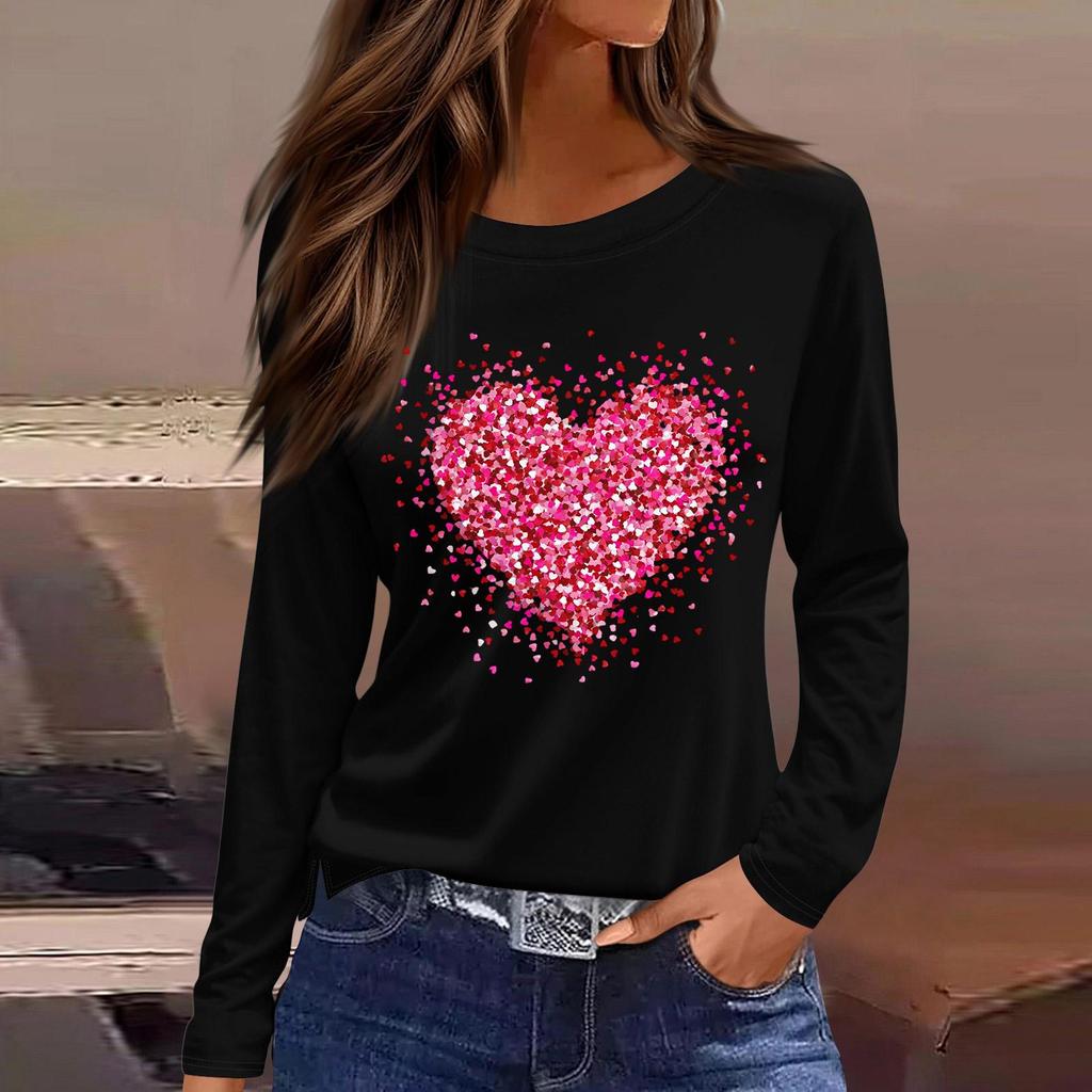 Women's Fashion Casual Slit Hem Round Neck Long Sleeve Loose Christmas Printed T-Shirt Ladies Top
