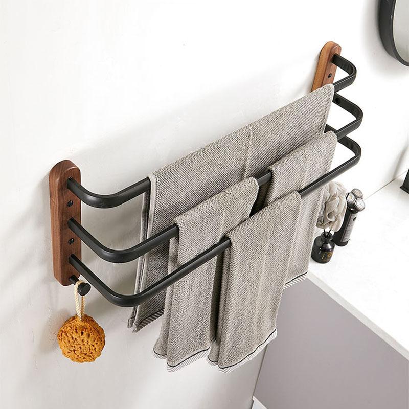 40cm-60cm Wood Bathroom Towel Rack Black/White Aluminum Towel Holder Wall Hanging Multi Pole Triple Towel Bar With Hook