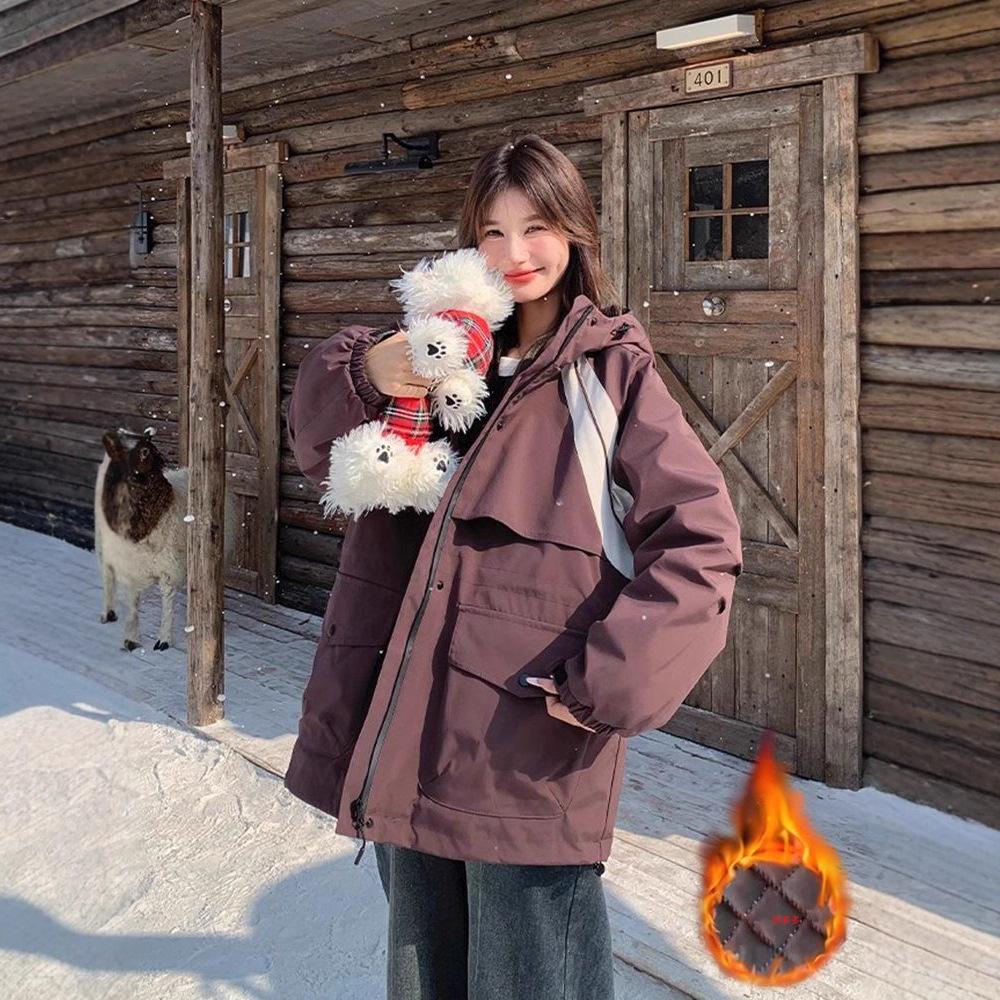 European hooded pie overcomes cotton jacket women's autumn and winter cotton padded waist thickened jacket contrasting color cotton coat