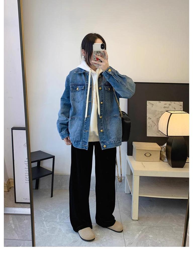 2025 Spring/Autumn Women's Retro Washed Denim Jacket: Hong Kong Style, Loose Fit, Trendy Casual Fashion