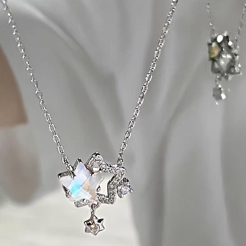 Hult Rhinestone Dobbelt Stjerne Halskæde Kvinder Kraveben Kæde Designfølelse Til Kæreste Fest Smykker Valentinsdag Gave