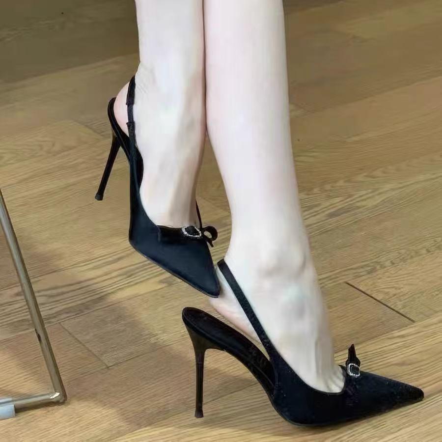 New Summer Women's Sandals Thin Heel Pointed Head Bag Head Champagne Satin Fashion Autumn Empty High Heels
