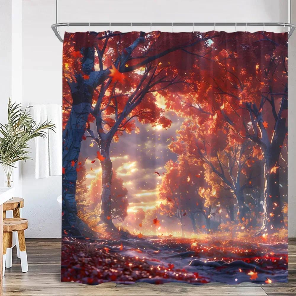 Autumn Landscape Shower Curtain Maple Forest Waterfall Landscape Tree Bathroom Decoration Polyester Bathtub Curtain
