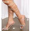Fashion Eilyken Street Style Square Toe Woman Sandals Fashion Crystal Lace-up Transparent Perspex High Heels Shoes Party Dress Pumps