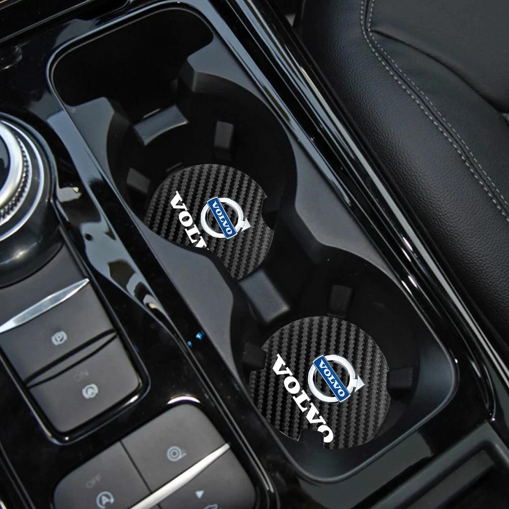 2Pcs Car Carbon Leather Water Cup Pad Anti-noise Coaster Mat For Volvo XC90 V90 V60 XC60 V40 S80 S60 S90 C40 XC40 V70 XC70 C30
