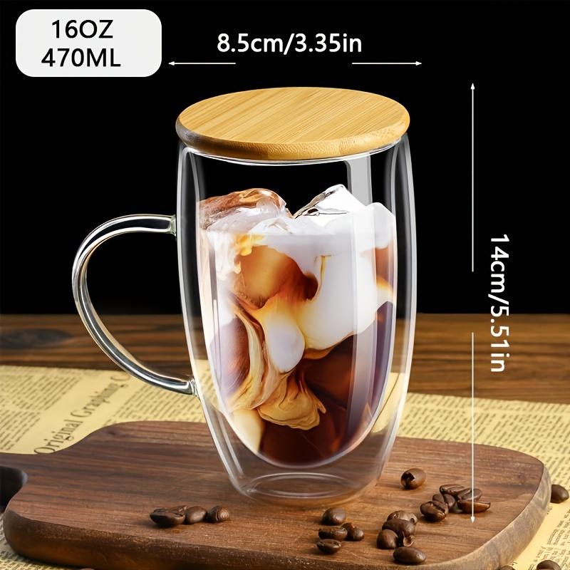 2pcs 12oz/15oz 350ml/450ml Double Wall Glass Coffee Mugs With Bamboo Lids And Spoons Glass Coffee Cups With Handle Insulated Clear Coffee Mug Perfect