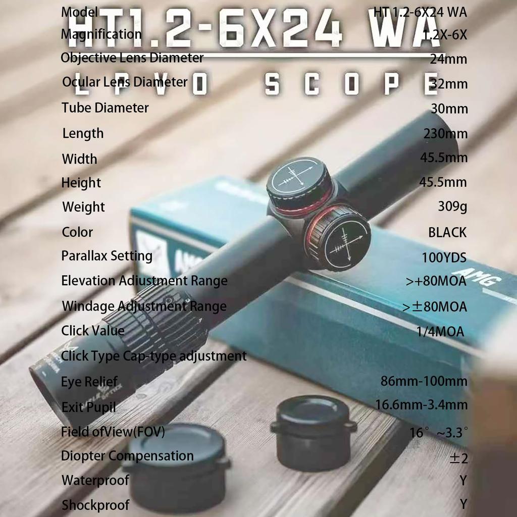 Skeery HT 1.2-6x24WA Riflescope, Variable Magnification Airsoft Sight, Short Scope, Electric Gun Scope, Mounting Ring Included