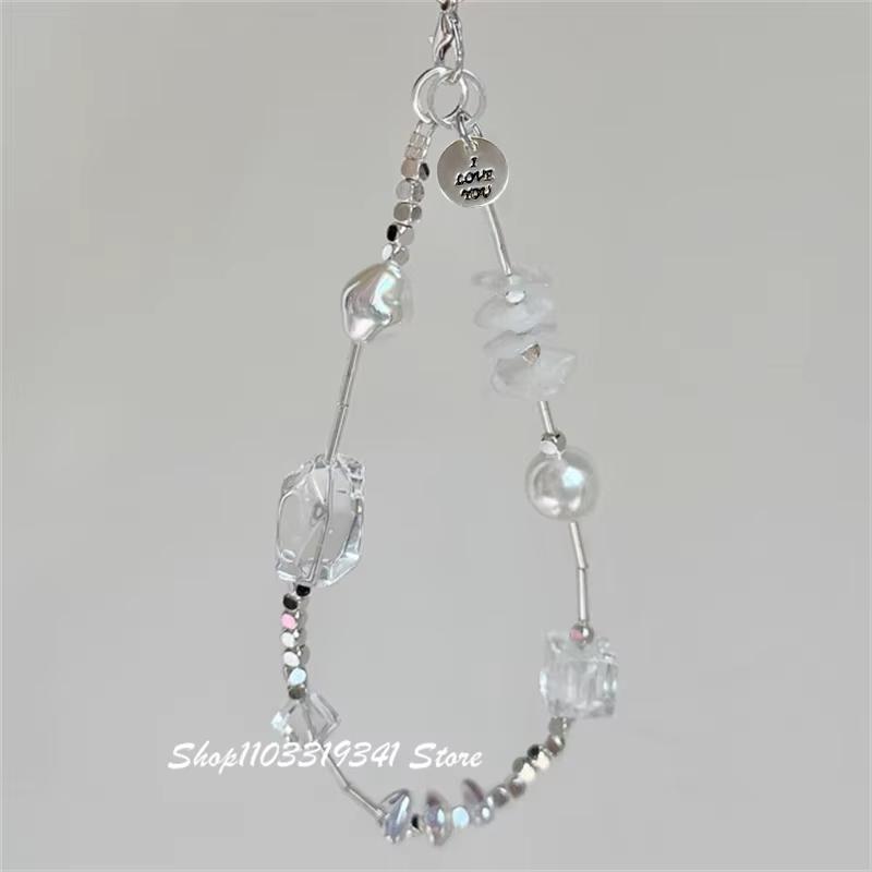 

INS Korean Cute Clear Bead White Pearl Beaded Phone Charm Keychain Bracelet Lanyard For iPhone Samsung Universal Anti-Lost Strap
