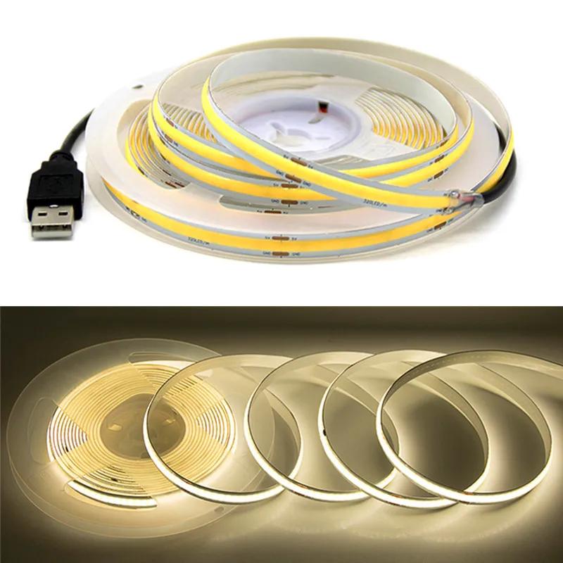 DC5V 320Leds/M USB COB Strip Room Decoration Cabinet Light Lamp TV Backlight Flexible Ribbon Rope LED Strip Warm Neutral Light