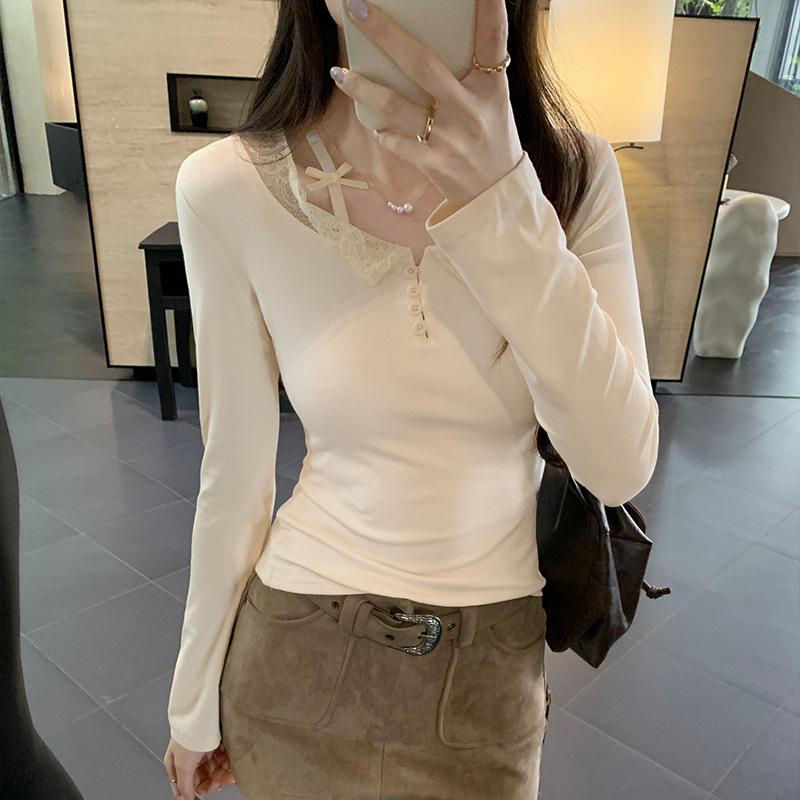 French Sweet and Spicy Design Lace Splicing Half-row Buttons Thin Long-sleeved T-shirt Women's Autumn New Inner Layering Shirt