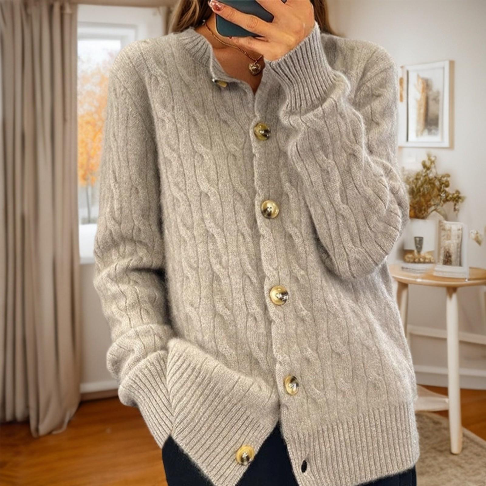 

Женская мода однотонный длинный рукав круглый вырез вязаный кардиган пуговиц свитер куртка L верблюд