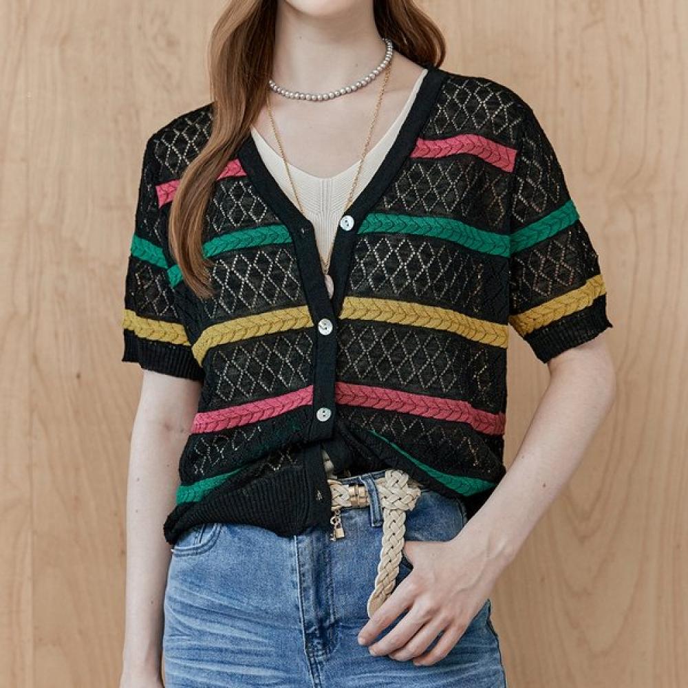MAXZA Color Stripe Punching Short Sleeve Cardigan Ze06qd500na