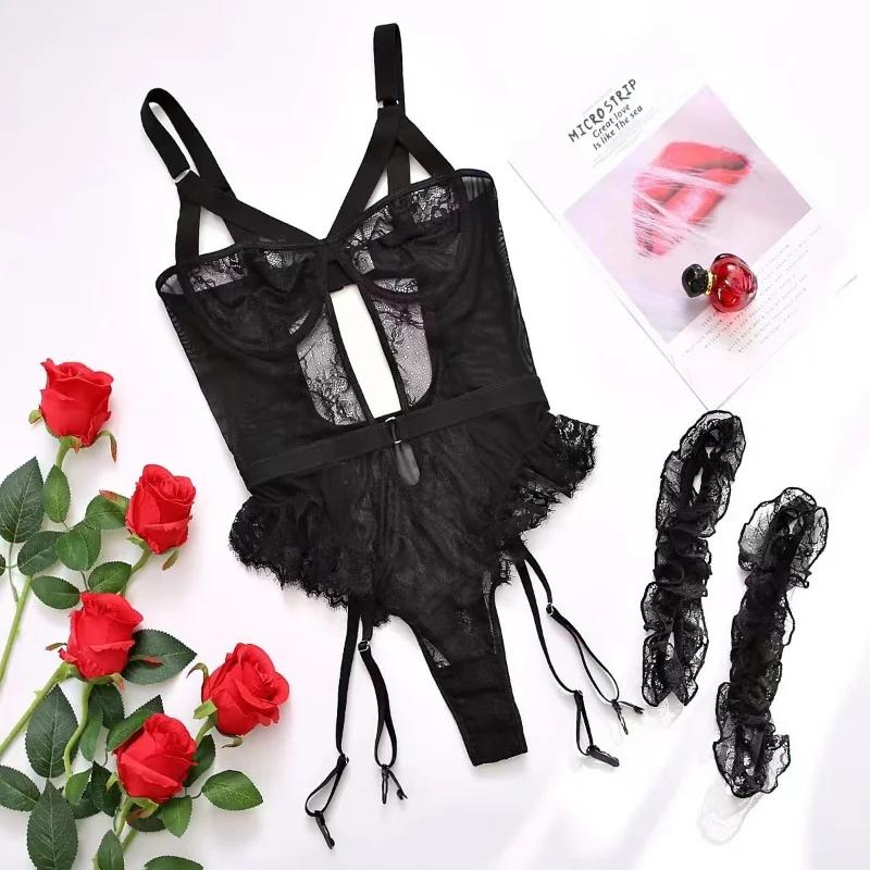 Lingerie Women Sexy Lace Hollow Push Up Corset Bikini Underwear Ultrathin Bodysuit With Garter Belt See Through Porno Suit