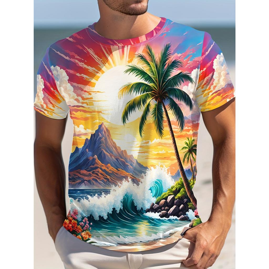 Hawaiian Men's Crew-neck T-shirt Summer Outdoor Vacation Men's Casual Short-sleeved Top Beach Party  Daily Fashion T-shirt