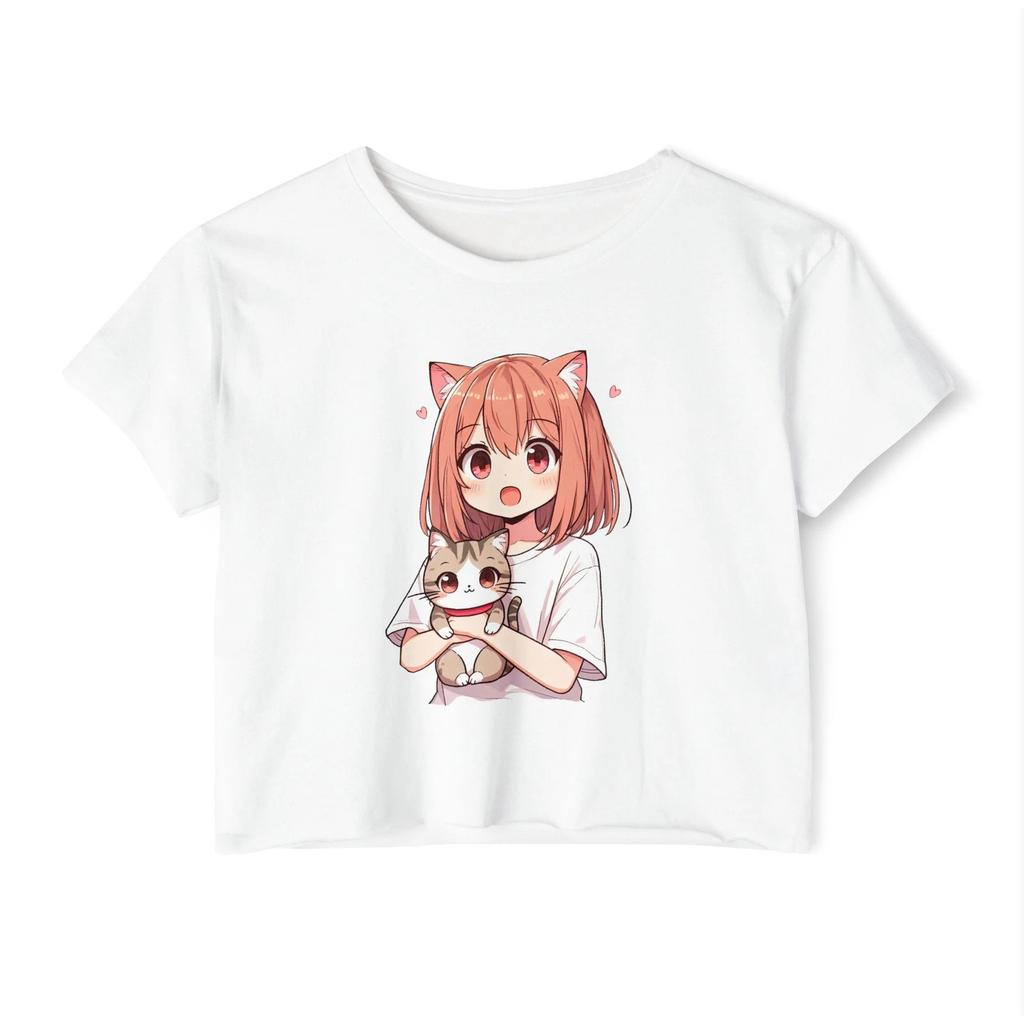 Anime Girl Cat Crop Top Kawaii Neko Pink Hair Cute Chibi Shirt
