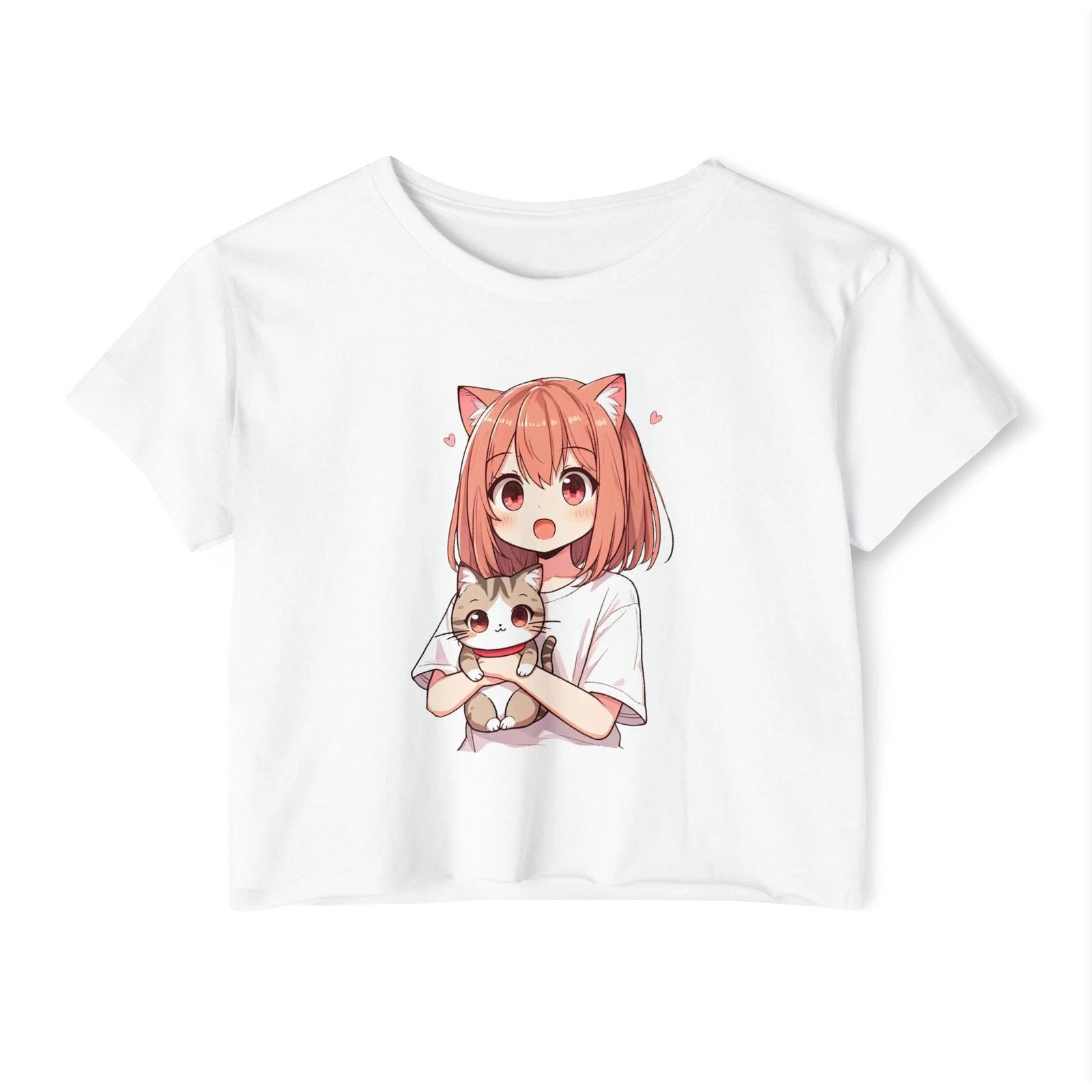 Аниме Девочка Кошка Укороченный Топ Кавайи Неко Розовые Волосы Милая Чиби Рубашка M