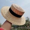 Boater Straw Hat wide brim French elegant square ribbon women's sun hat holiday straw hat