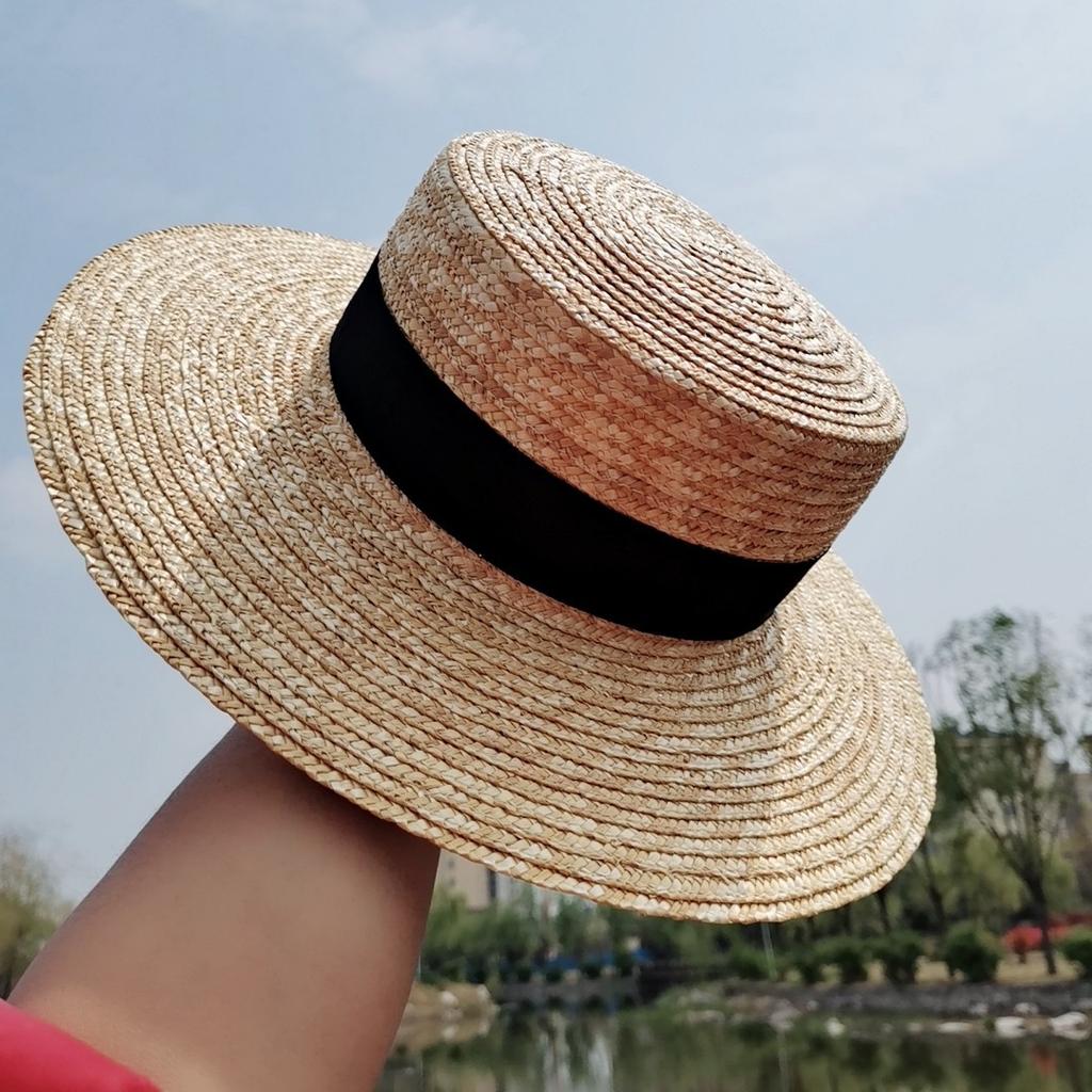 Boater Straw Hat wide brim French elegant square ribbon women's sun hat holiday straw hat
