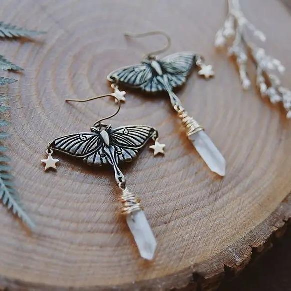Silver Moonstone Moth & Quartz Celestial Earrings