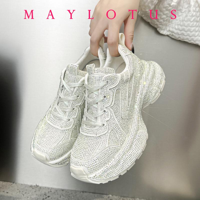 Fashion Youth Girls Chunky Crystal Sneakers Women Fashion Casual Breathable Height Increased Flat Platform Bling Bling Shoes Footwear