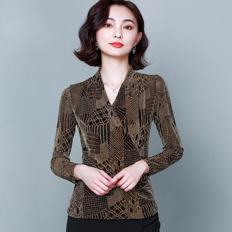 Blusa de otoño para mujer, nueva moda, estilo extranjero, con cuello en V, manga larga, estampado de leopardo