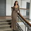 Solid Color Long-sleeved Dress Women's European, American Autumn and Winter New Temperament V-neck Slim-fitting Hip-wrapped Knitted Dress