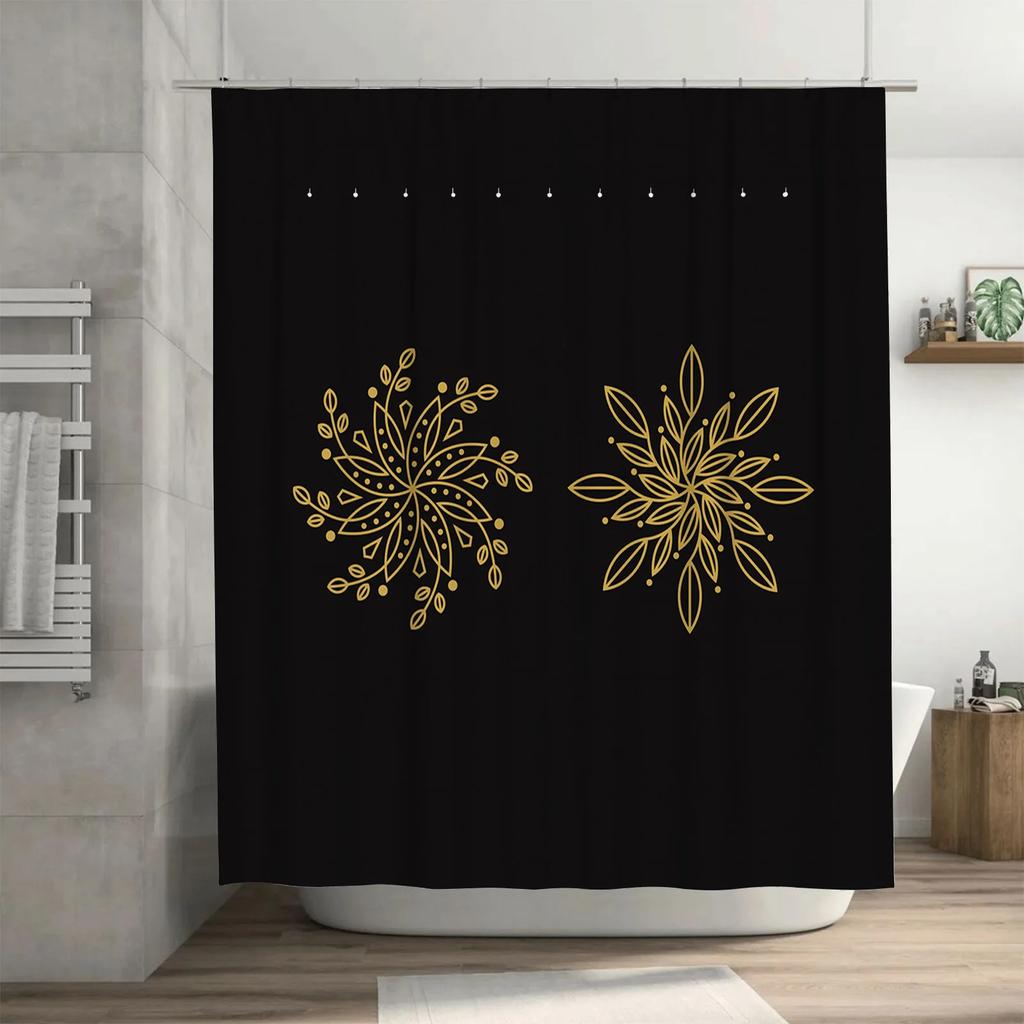 Vintage Gold Leaf Shower Curtain Waterproof Fabric Print Home Decor Bathroom Hanging Shower Curtains for Wet Rooms Black with Fl