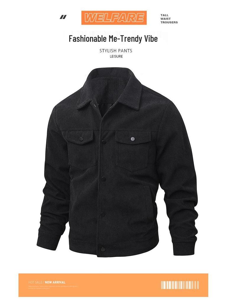 Men's Retro Corduroy Lapel Jacket - Spring/Autumn Workwear, Solid Color, Middle-Aged American Style