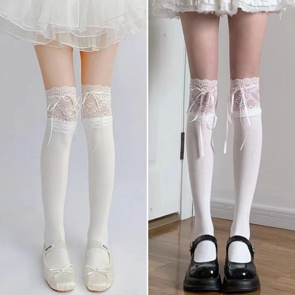 Lolita Lace Knee Socks White Women'S Ribbon Bow Medium Stockings Jk Autumn Thin Calf Socks