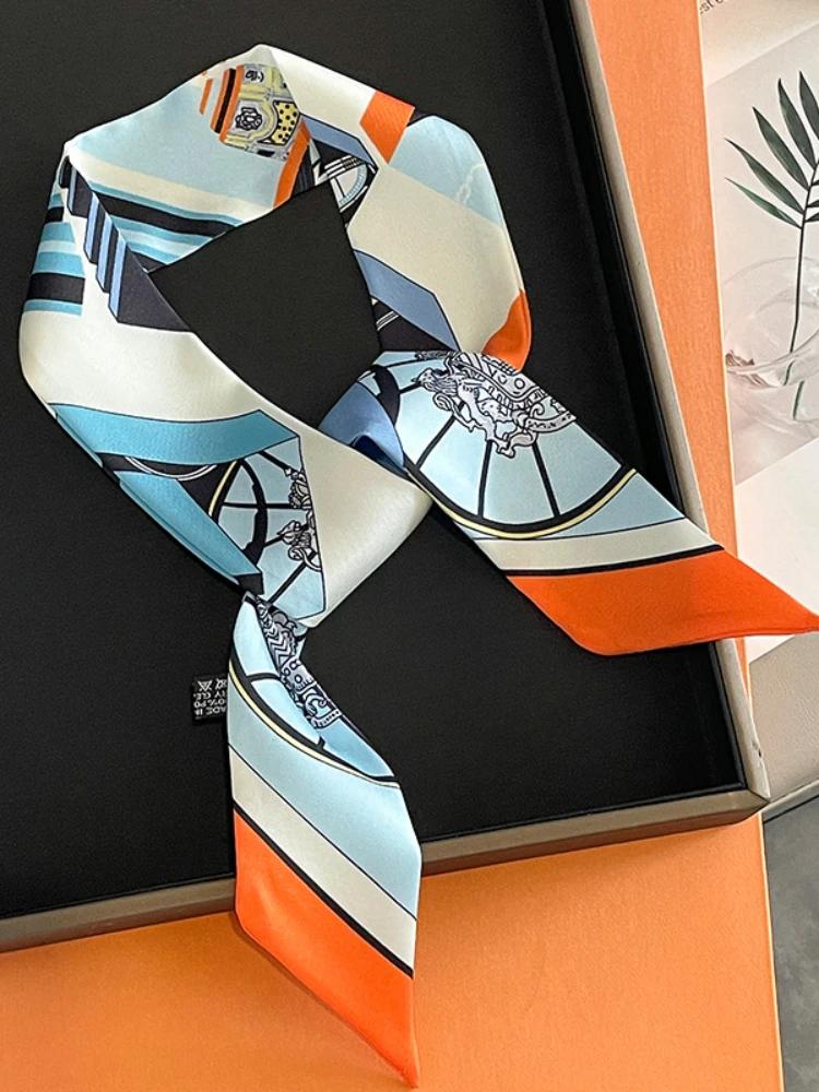 Women Narrow Thin Scarf Horse Print Long Ribbon Scarf Handle Bag Multi-Function Decorative Neckerchief Hair Tie Band